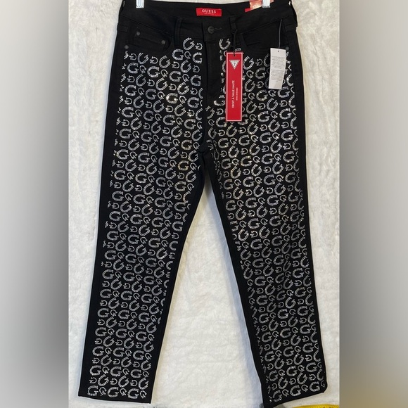 Guess Denim - NWT Guess Logo Bling Sparkle Womens Jeans Black Rhinestone Art Denim 29/28 High